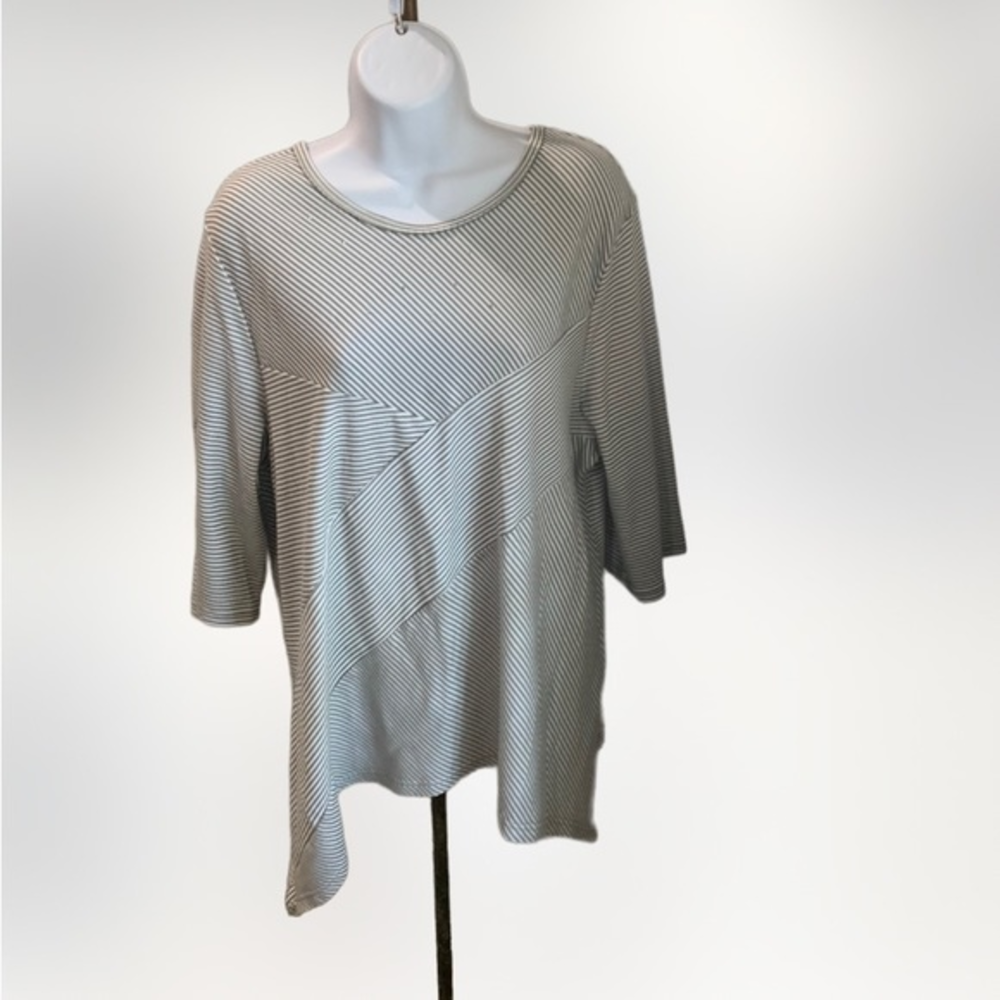 Bon Worth Knit Pullover Top‎ Grey/White Stripes  3/4 Sleeves Cotton Blend Large